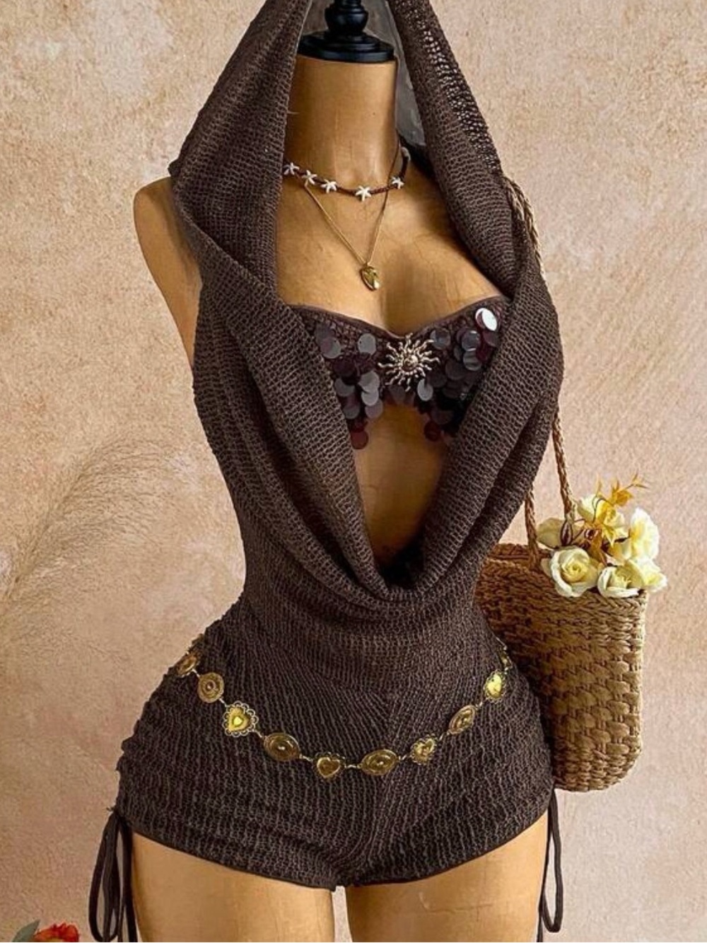 Brown Hooded Knit Women's Sweater Romper